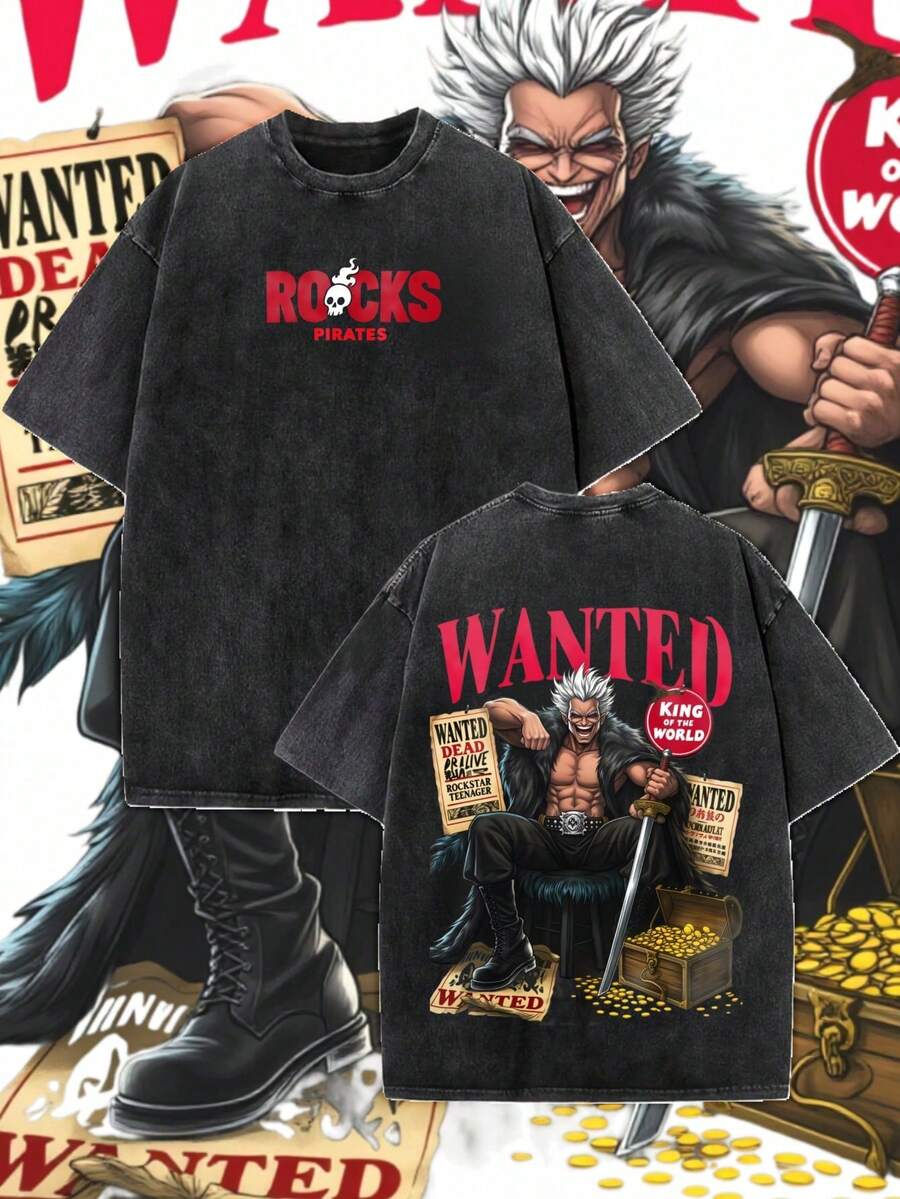 Camiseta de Estilo Casual para Hombre con Diseño de Cartel de Búsqueda de Piratas, Ropa de Verano, Regalo para Fanáticos del Anime - Negro - Ver 1