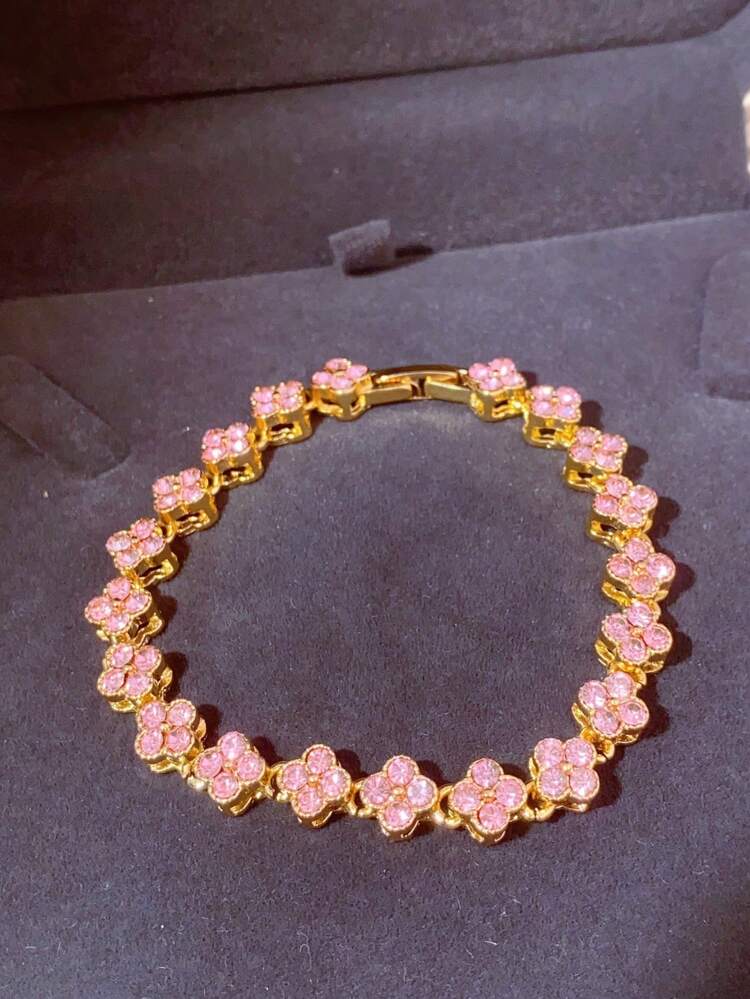 4pcs/1pc Women's Pink Enamel Flower & Clover Bracelet Set, Luxury Gold Tone Stackable Bracelets, Rhinestone Bohemian Style Jewelry Gift - Pink - View 4
