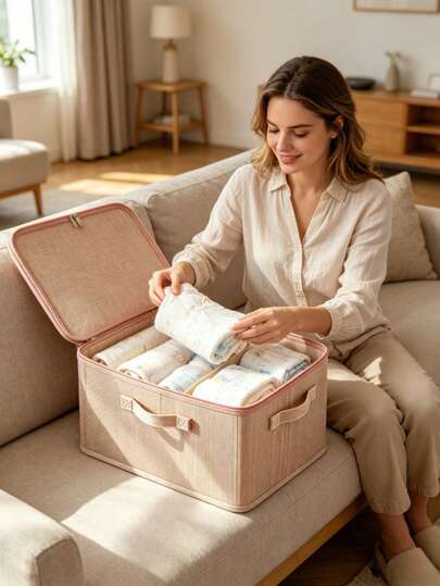 Zipper Fabric Baby Storage Box With Handle,Foldable Nursery Organizer Bin For Infant Clothes Toys Books, Closet Storage Container For Kids Room