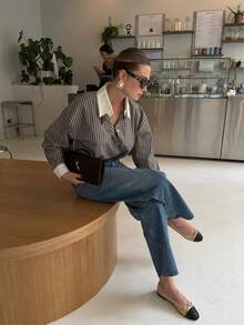 Women's Fashion Business Single-Breasted Striped Long Sleeve Shirt - Grey - View 2