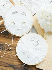 Takeoak 1pc Customized Lace Wedding Ring Pillow, Personalized Ring Holder With Name And Date Engraving, Pearl Bowknot, Rustic Elegant Round Ring Cushion, Multi-Layer Ring Display, Romantic Bridal Ceremony Decor, Engagement Anniversary Gift, Wedding Accessory - Multicolor - View 5