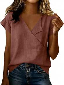 JOAU - Camisetas de algodón y lino para mujer, estilo casual, manga corta, cuello en V, holgadas, ligeras, de gasa - Gris - Ver 13