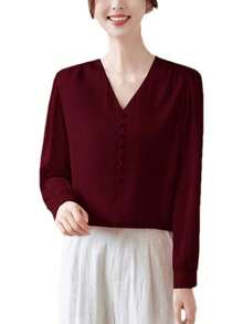 Blusa de manga larga plisada de seda con abalorio y cuello en V para mujer - Morado - Ver 10