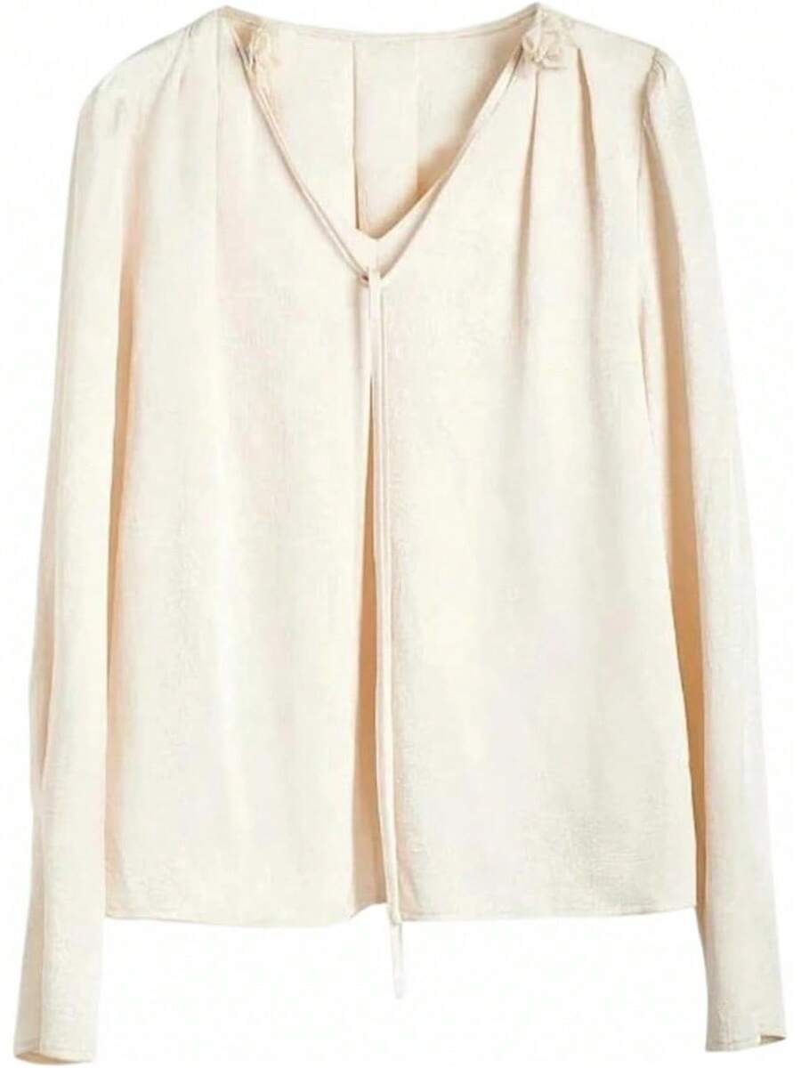 Tops de gasa con cuello en V y manga larga abombada para mujer, color liso, elegante, romántico, otoño, oficina, negocios - Blusa de albaricoque - Ver 1