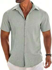Camisas Hombre Casuales Manga Corta - con Botones Ocultos Tejido Fresco Y Transpirable para Playa Uso Diario Vacaciones Reuniones Ocio - azul claro - Ver 13