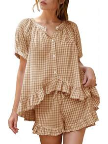 Flygo - Conjunto de pijama de cuadros para mujer, 2 piezas, de algodón, manga abombada, con volantes, conjunto de pijama de verano - Sandía - Ver 12