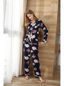 Conjunto de Pijama para Mujer con Cuello Recortado, Estampado Floral, Camisa con Botones y Pantalones Largos, Algodón, 2 Piezas, Ropa de Dormir - Gris - Ver 7
