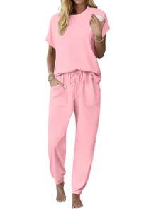 Conjunto de Pijama Capri para Mujer , Ropa de Dormir de Manga Corta, 2 Piezas, Cuello Redondo, Pijama Suave con Bolsillos - Flores marrones, negro - Ver 13