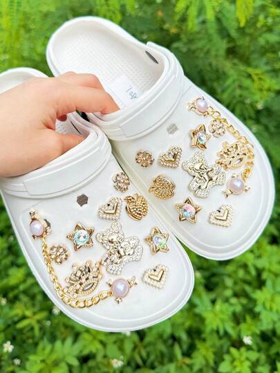 20pcs Gold Bear, Crown, Chain, Star, Heart Shoe Charms, DIY Accessories For Perforated Slippers