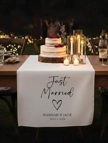 Personalized Wedding Table Runner, Custom White Polyester Linen Fabric Bride & Groom Table Runner (Includes Surname And Date), Elegant Wedding Reception Decor Sign - Multicolor - View 2