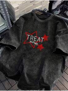 Camiseta de 200g 100% lavable, de manga corta, corte holgado, diseño unisex, estampado sencillo, cuello redondo, adecuada para el verano, uso diario y al aire libre, ropa duradera, lavable a - Negro - Ver 1