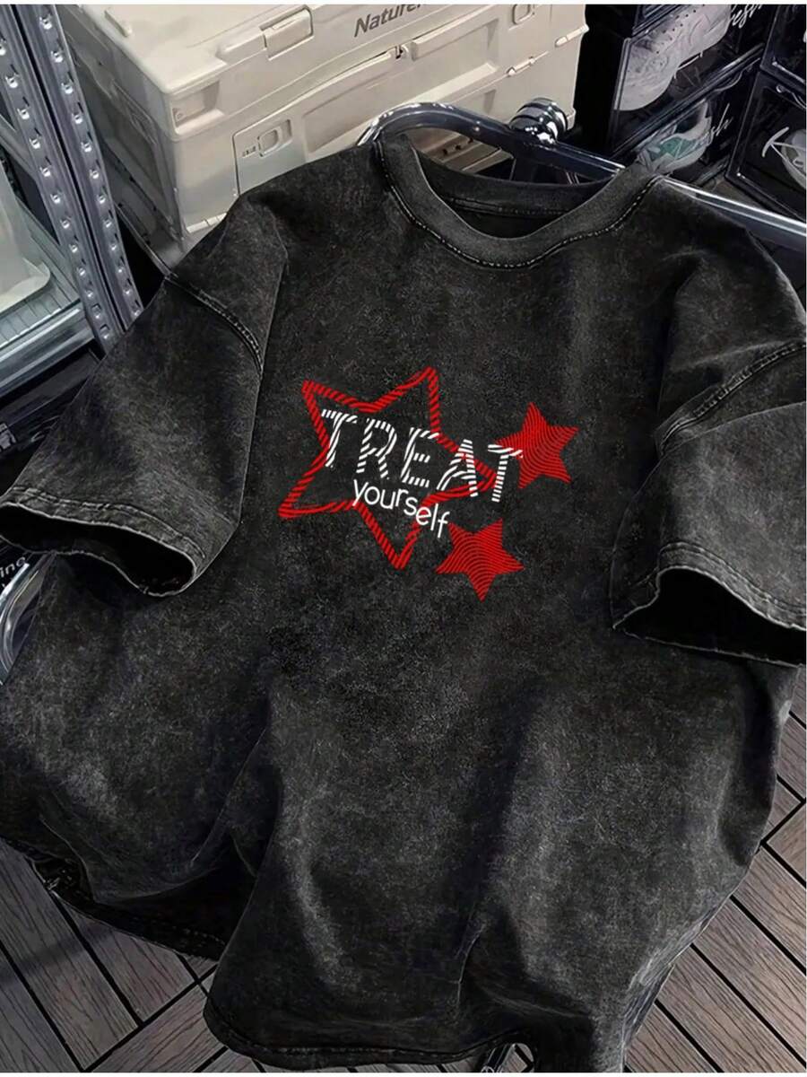 Camiseta de 200g 100% lavable, de manga corta, corte holgado, diseño unisex, estampado sencillo, cuello redondo, adecuada para el verano, uso diario y al aire libre, ropa duradera, lavable a - Negro - Ver 1