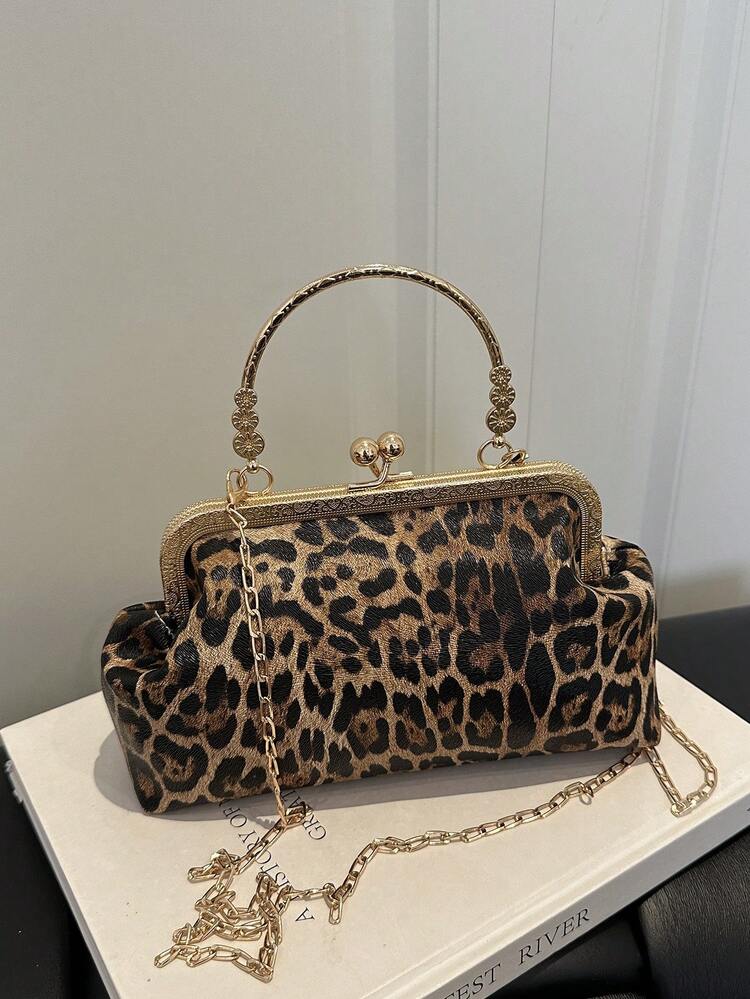 Leopard Print Fashion Clasp Women's Handbag, Elegant Tote Bag For Party And Shopping, Random Pattern Placement - Brown - View 11