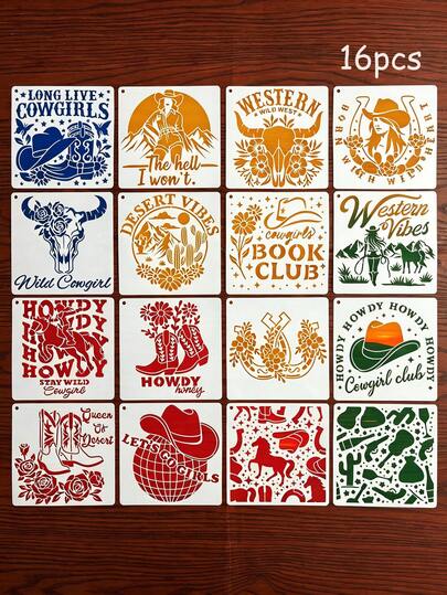 16pcs Western Style Cowboy Hollow Stencils DIY For Wooden Signs, Fabric, Canvas, Creative, Party Spray Painting Tools