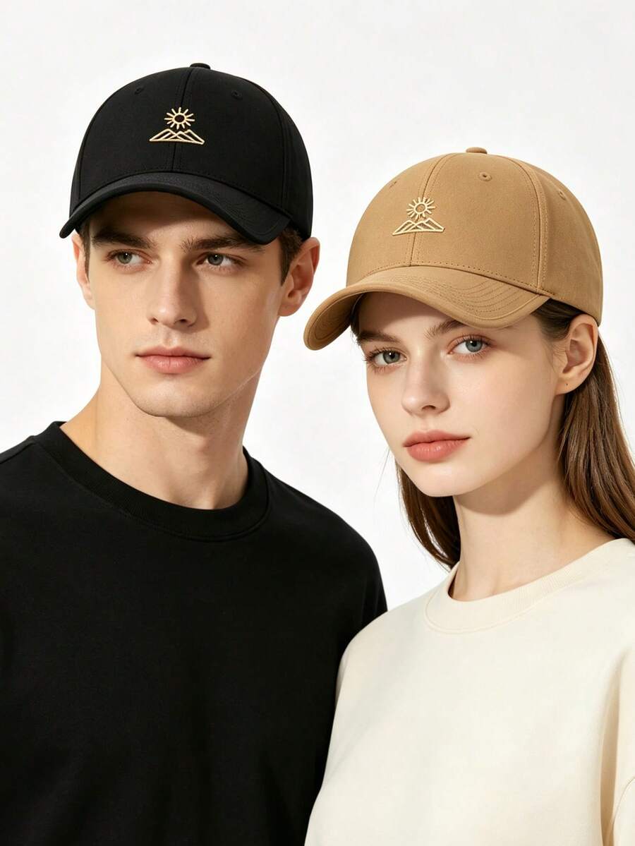 2pcs/Set All-Season Large Head Circumference Minimalist Mountain Line & Sun Pattern Baseball Caps, Fashionable Simple Brim Duck Tongue Caps - A - View 1