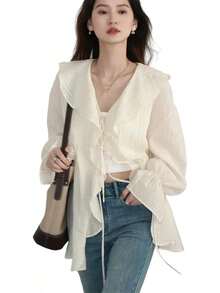 Blusa suelta con cuello en V y cordones para mujer, longitud media con volantes - Albaricoque - Ver 1