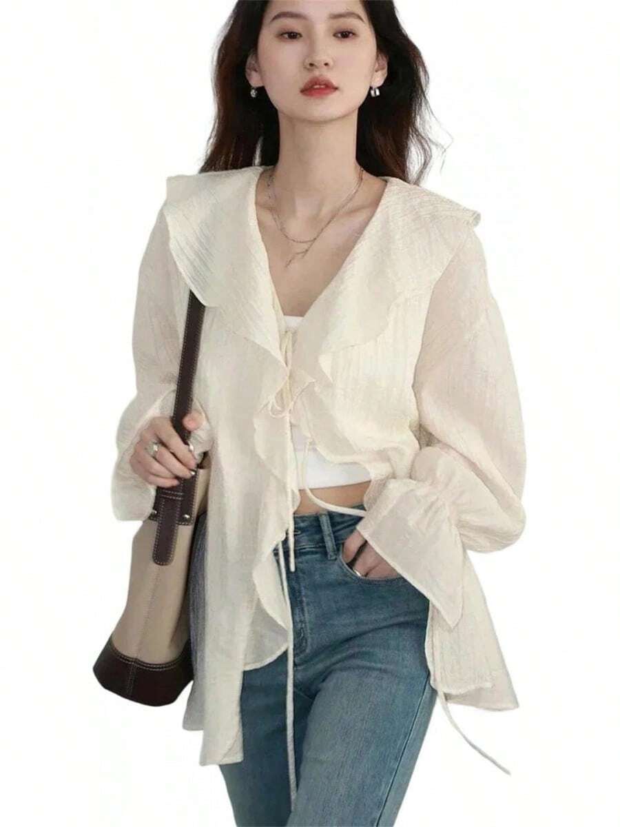 Blusa suelta con cuello en V y cordones para mujer, longitud media con volantes - Albaricoque - Ver 1