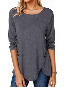 Fisoew - Blusa casual de manga larga para mujer, cuello redondo, botones laterales - Caqui - Ver 9