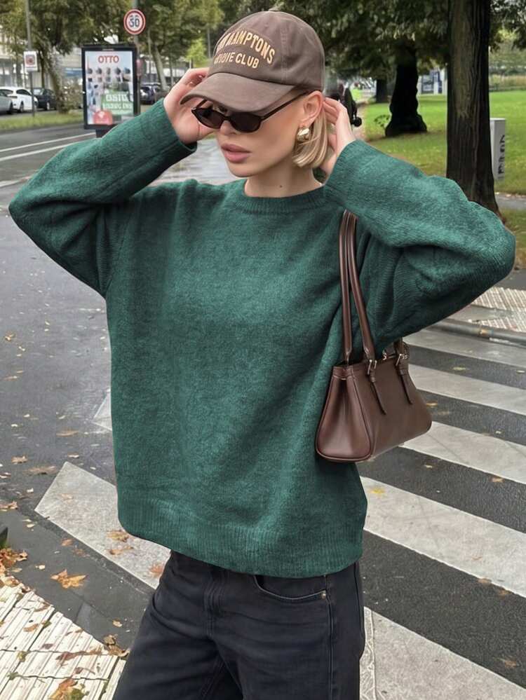 Women's Casual Fashion T-Shirt, Comfortable Warm Knit Top For Autumn/Winter, Round Neck Sweater Pattern Top, Soft Fabric, Outing Top, Summer Top, Vacation Outfit, Travel Wear, Beach Style, Minimalist Vacation Clothing, Women's Clothing, Women Outfits, Old Money Cottagecore - Green - View 1