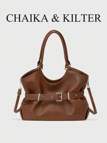 CHAIKA & KILTER 1pc Solid Color PU Fabric Tote Bag, Women's Vintage Fashion Shoulder Tote Bag, Dual Handle Design, Zipper Closure, Strap Decoration, Suitable For Daily And Street Use - Brown - View 6
