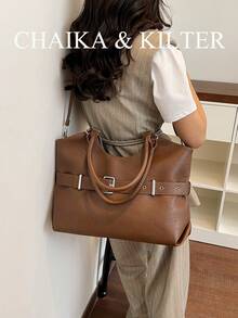 CHAIKA & KILTER 1pc Solid Color PU Fabric Tote Bag, Women's Vintage Fashion Shoulder Tote Bag, Dual Handle Design, Zipper Closure, Strap Decoration, Suitable For Daily And Street Use - Brown - View 9