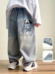 Boys' Light Blue Washed 3D Puppy Embroidery Elastic Waist Wide Leg Denim Jeans, Soft Loose Casual Long Pants For Kids - Light Wash - View 2