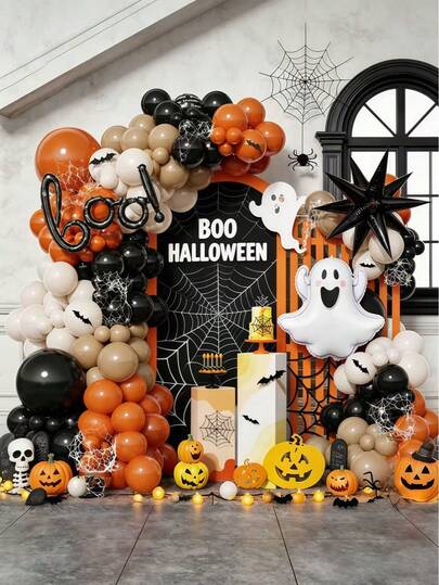 113pcs Halloween Ghost Pumpkin Print Latex Balloons, Black Orange White Scary Ghost Face Balloons, Horror Style Party Decoration Balloons, Suitable For Halloween Eve Celebration, Birthday, Costume Party, School, Home, Bar, Outdoor Yard Holiday Decoration
