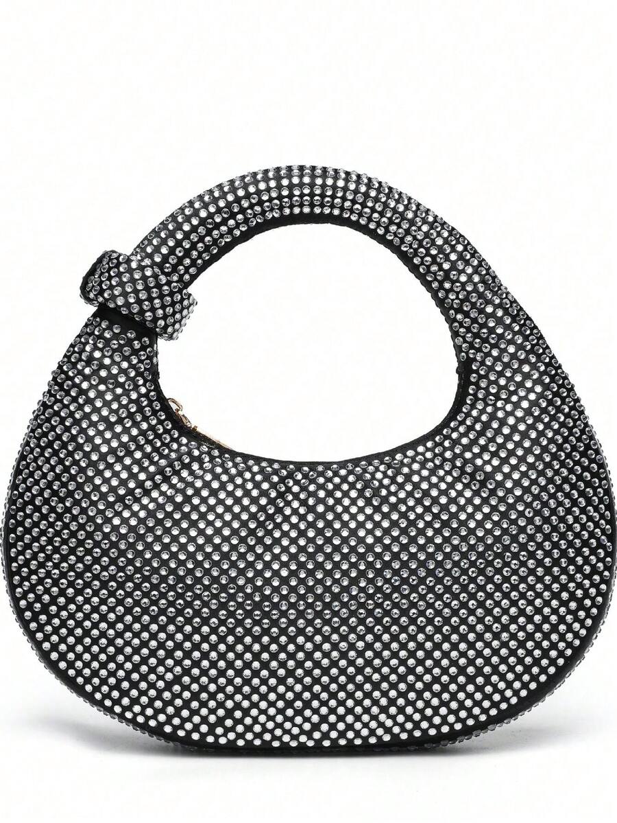Mini Hobo Bag In A Crescent Shape, Fully Covered In Rhinestones, Integrated Circular Handle With Bow, Zipper, Various Colors, Women's Party, Wedding, Birthday Gift - 軍綠色 - 查看 1