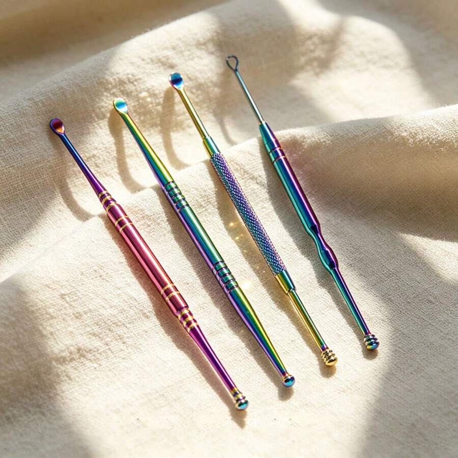 4pcs Colorful Stainless Steel Ear Wax Removal Tool Set, Dual-Head Non-Slip Handle Design, Comes With Portable Storage Box. Rounded Scoop Head For Eardrum, Spiral Head Easily Cleans Stubborn Earwax. Essential Practical Tool For Home, Travel And Personal Ear Hygiene Care. - View 1