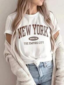 Women's Loose Fit Casual Letter Print T-Shirt, Versatile Everyday Casual Fashion. Printed T-Shirt, Top, Summer Y2K Blouse, Graduation Season Beachwear For Women - 白色 - 查看 1