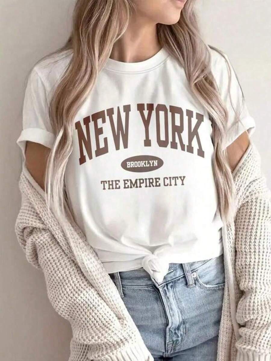 Women's Loose Fit Casual Letter Print T-Shirt, Versatile Everyday Casual Fashion. Printed T-Shirt, Top, Summer Y2K Blouse, Graduation Season Beachwear For Women - 白色 - 查看 1