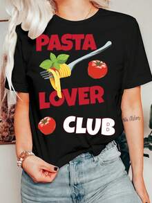 Camiseta Gráfica Pasta Lover Club, Atuendo de Verano Oversize para Mujeres, Top de Cuello Redondo Estilo Streetwear Vintage - Negro - Ver 1