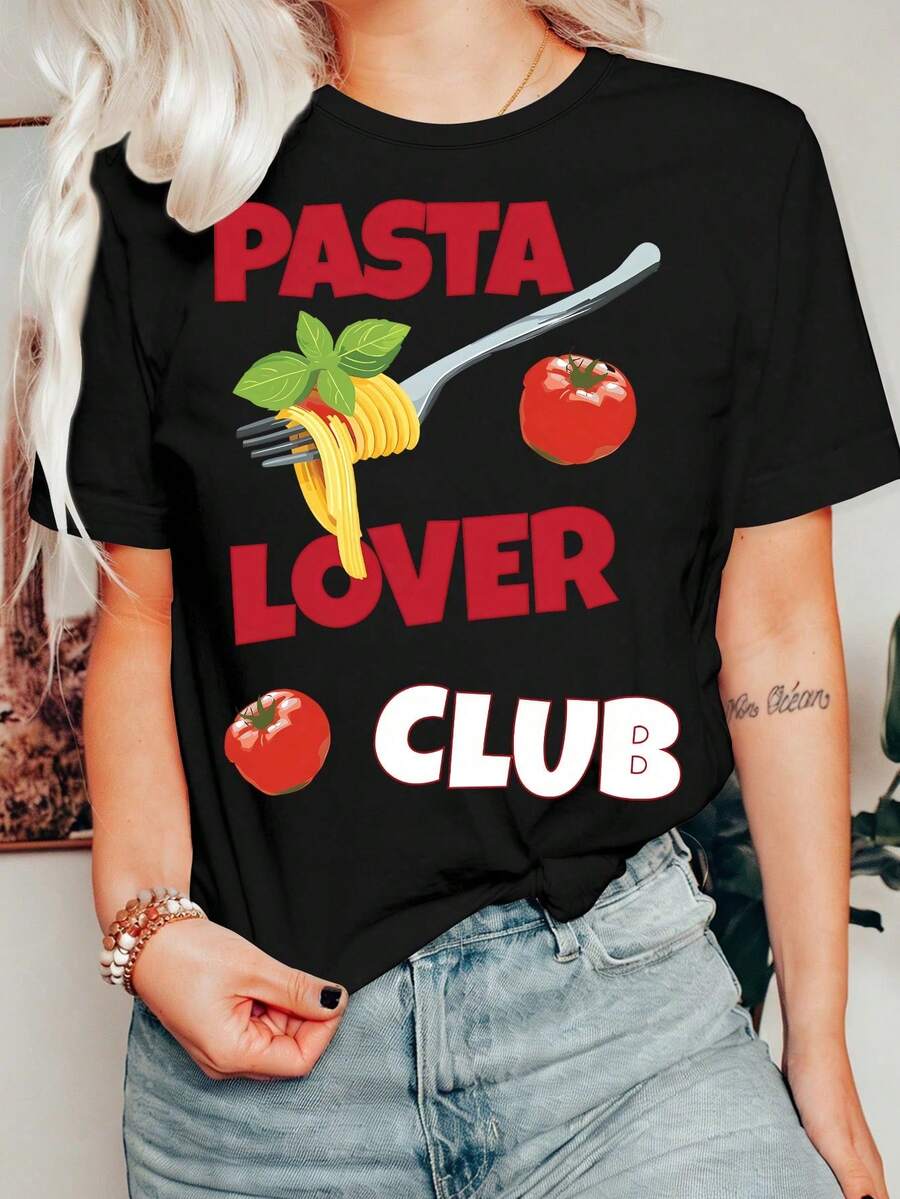 Camiseta Gráfica Pasta Lover Club, Atuendo de Verano Oversize para Mujeres, Top de Cuello Redondo Estilo Streetwear Vintage - Negro - Ver 1