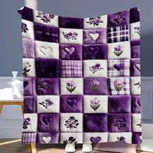 Autumn/Winter Flannel Heart & Floral Patchwork Blanket, Soft Skin-Friendly Double-Sided Flannel Throw, All-Season Use For Bedroom, Living Room, Sofa, Office Nap, Romantic Purple Heart Embroidery + Floral Print Patchwork Design, Gentle Healing Atmosphere, Fine Plush Lock-In Warmth, Non-Irritating, Suitable For Home Leisure/Office Break/Travel, Women's Day Gift - Multicolor - View 7