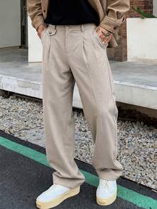 Men's Woven Fashion Casual Solid Color Pleated Design Light Apricot Straight Leg Loose Long Suit Pants, Suitable For Summer, Campus, Autumn - Apricot - View 9