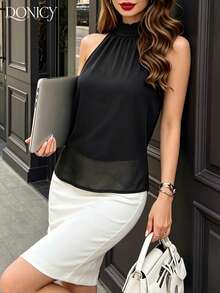 Women Elegant Summer-Halter Neck Black Blouse-Blouse Sheer Mesh Back Tie Flowy,Lightweight Breathable Chiffon Suitable For Summer Daily,Party & Beach - Black - View 4