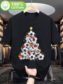 Envío Local - Envío desde DE/IT/FR/ES/PL - Camiseta de Fútbol para Hombre con Estampado de Árbol de Navidad - Camiseta de Hombre - Ropa Masculina - Estampado de Árbol en Capas, Manga Corta, Cuello Redondo, Camiseta Casual Navideña para Entrenadores - A - Ver 1