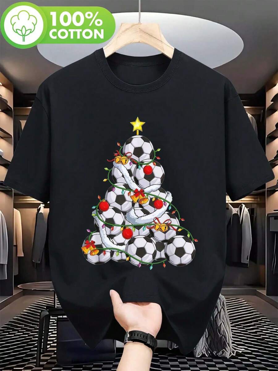 Envío Local - Envío desde DE/IT/FR/ES/PL - Camiseta de Fútbol para Hombre con Estampado de Árbol de Navidad - Camiseta de Hombre - Ropa Masculina - Estampado de Árbol en Capas, Manga Corta, Cuello Redondo, Camiseta Casual Navideña para Entrenadores - A - Ver 1