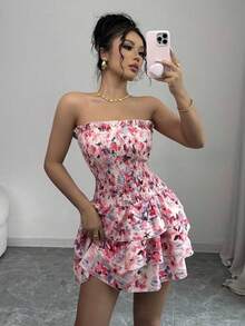 LunaCass8  Vestido de señora con diseño de volantes pequeños y sexy de color rosa - Rojo y negro - Ver 5
