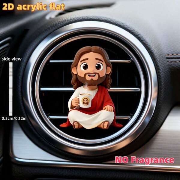 1pc 2D Flat Cute Jesus Drinking Coffee Pattern Car Air Vent Clip Decoration, "Fragrance-Free", Can Add Fragrance Yourself, Acrylic Cartoon Decoration, Car Interior Accessory, Clip-On Air Freshener, "No Fragrance Source" Perfect Gift For Women - Ideal For Moms, Best Friends, Friends And Colleagues For Various Occasions: Birthday, Christmas, Valentine's Day, Mother's Day, Graduation, Thanksgiving, Halloween And More!