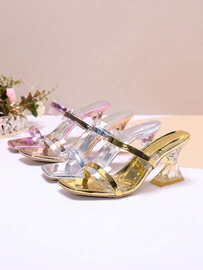 1 par de sandalias de cuña para mujer talla grande en color plata, con doble correa de PU transparente efecto espejo brillante, punta cuadrada y peep toe, tacón grueso con cristales, diseño slip-on, zapatillas de tacón alto elegantes y de lujo, adecuadas para uso diario, compras, festivales, fiestas, nuevo estilo primavera/verano