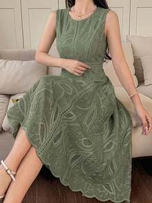 Vestido de verano de media longitud con cuello redondo, mangas de pétalo y encaje floral elegante para mujer - Albaricoque 2 - Ver 12