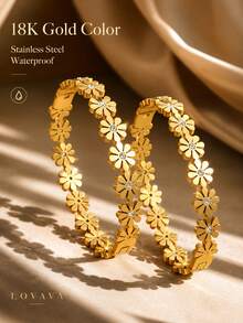 18K Gold Vacuum Plated Stainless Steel Openable Daisy Flower Rhinestone Bracelet/Women's Waterproof Fade-Resistant Gold Open Bangle/Sweet Elegant Niche Jewelry/Daily Commute Party Vacation Gift/For Mom/Women/Girls - Gold - View 6