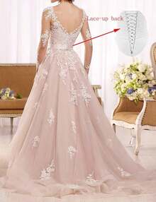 Tsbridal Vestidos de novia para mujer, línea A, cuello en V, encaje de tul sin espalda, vestido de novia bohemio - Estilo 6-Champán - Ver 4