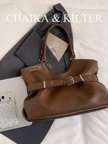 CHAIKA & KILTER 1pc Solid Color PU Fabric Tote Bag, Women's Vintage Fashion Shoulder Tote Bag, Dual Handle Design, Zipper Closure, Strap Decoration, Suitable For Daily And Street Use - Brown - View 4