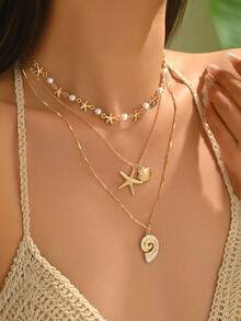 3pcs Bohemian Style Beach Vacation Layered Necklace Set, Alloy Starfish Shell Snail Pendant Gold Chain Necklace, Faux Pearl Starfish Collarbone Chain, Layered Necklace Set For Teen Boys And Girls, Beach Outing Daily Versatile Choker - Multicolor - View 2