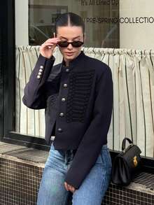 Chaqueta corta de mujer Mellowy con decoración de botones y abotonadura sencilla - Azul Marino - Ver 3