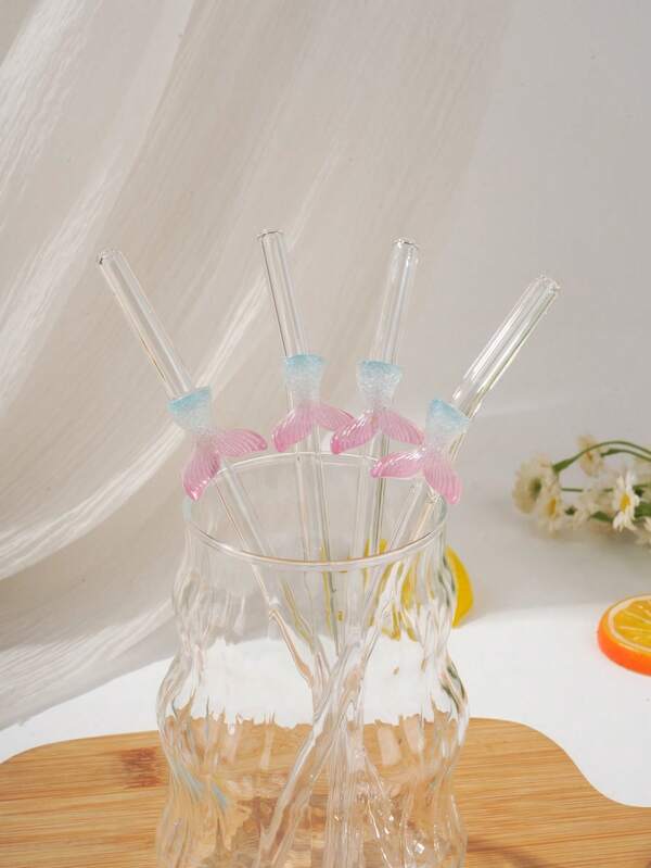 1PC Ocean Themed Mermaid Tail Glass Straw, Reusable Curved Design For Assorted Cold Drinks. Perfect Decor For Outdoor Beach Trips, Celebrations And All Seasonal Holiday Gifting.