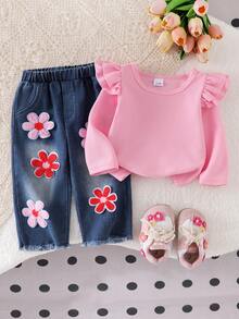 Baby Girl 2pcs Set, Ruffled Collar Pink Waffle Blouse + Gradient Floral Applique Denim Pants, Sweet Style For Spring/Autumn - Pink - View 9