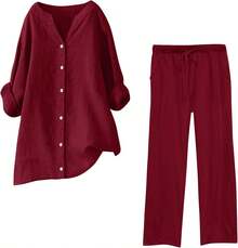 onjunto de verano de 2 piezas para mujer, tallas grandes, conjuntos de lino de algodón, cuello en V, blusa abotonada, camisetas de gran tamaño, camisetas de manga larga y pantalones casuales - Amarillo-02 - Ver 13